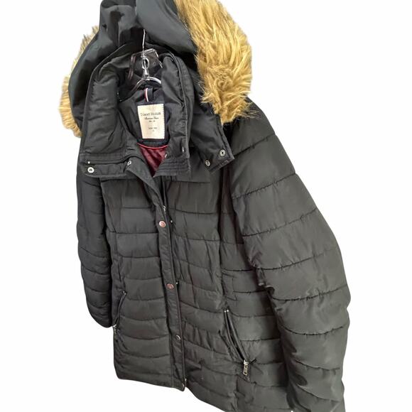 Tommy Hilfiger Puffer Coat Womens XL Black Faux Fur Trim Hooded Warm Outdoor Y2K - Picture 2 of 16